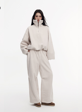 i.tGROUNDZERO羊羔绒拉链宽松卫衣松紧腰显瘦阔腿休闲裤两件套女