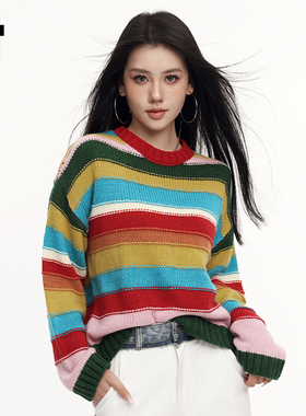i.tGROUNDZERO秋冬小众彩色条纹气质长袖毛衣针织衫女
