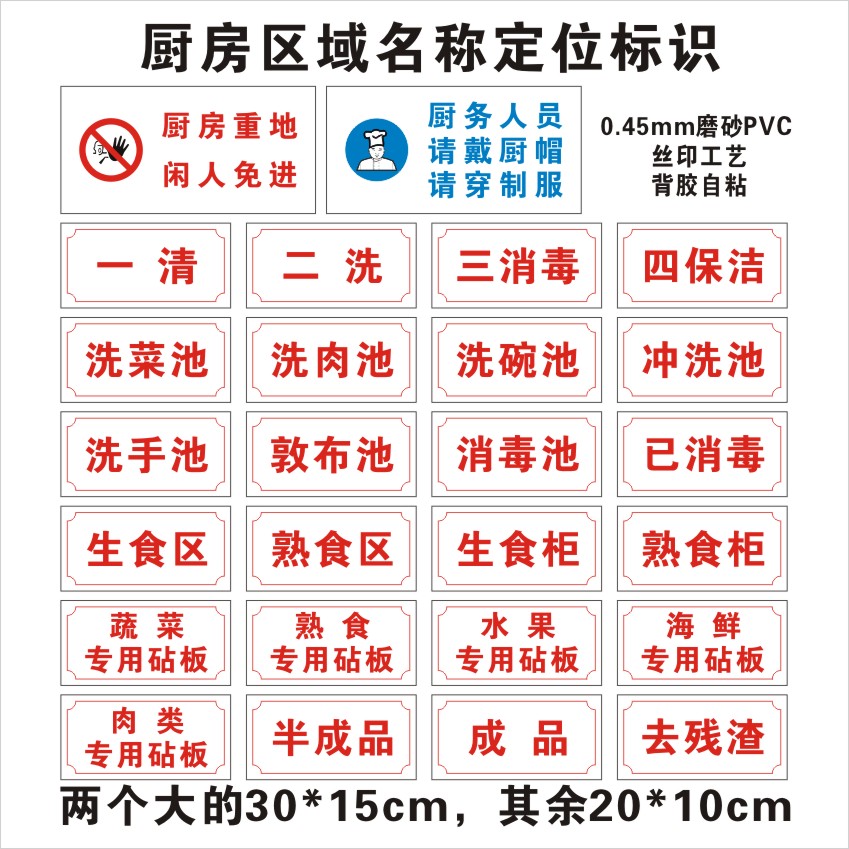 食堂厨房区域名称定位标识背胶 一清二洗三消毒四保洁洗碗池重地洗菜