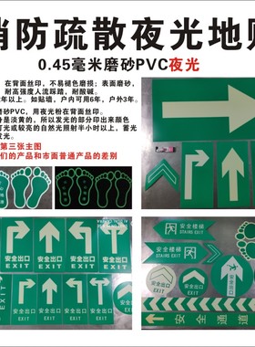 消防夜光疏散地贴  磨砂PVC背胶 安全出口 楼梯 通道地面标识 自发光荧光贴左右转直行箭头圆形标志现货上海