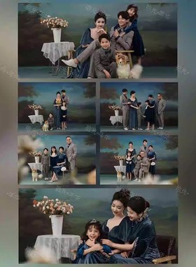 新款影楼一家六口全家福油画风法式复古蓝色连衣旗袍礼服西装拍照