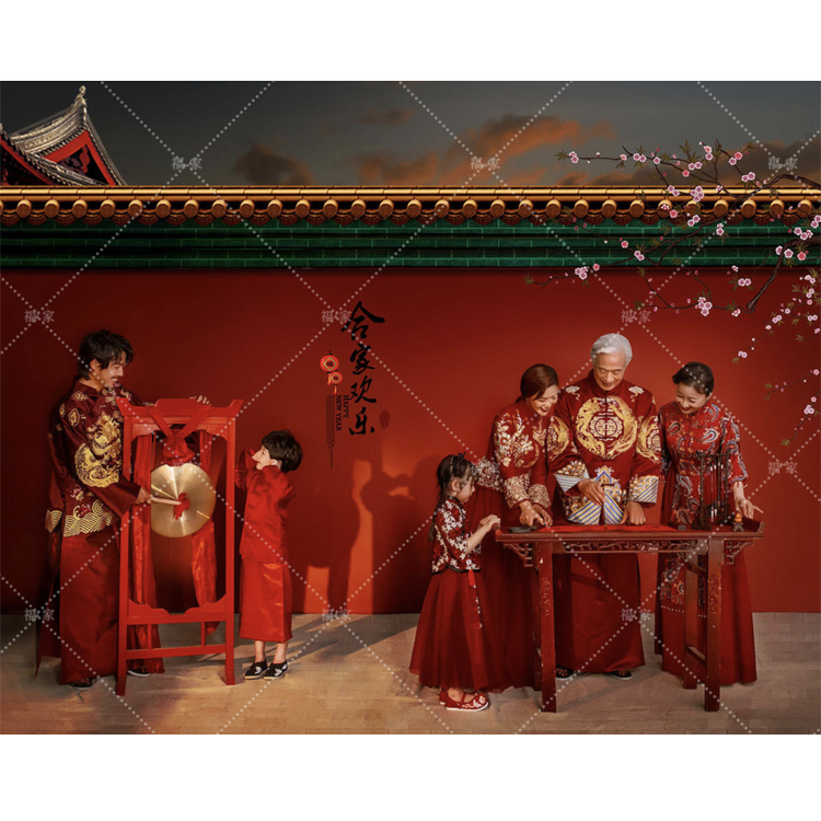 儿童摄影服装影楼高端古装套红色一家6口大红全家福喜庆正版服饰