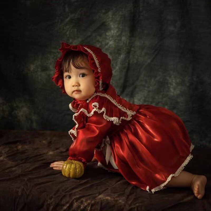 儿童摄影服装周岁女童红色礼服小红帽油画复古主题摄影裙子蕾丝正