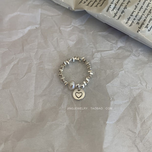 S925纯银小众复古碎银子珍珠戒指女圆牌爱心手工弹力食指环韩版