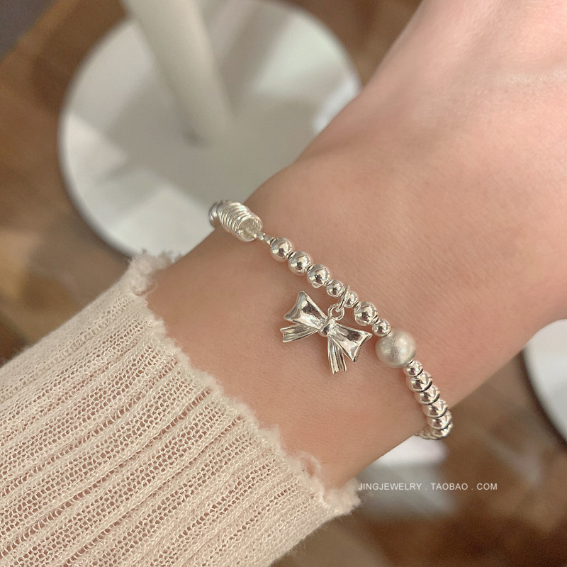 S925纯银小众款蝴蝶结手链女磨砂圆球少女简约儿童手串