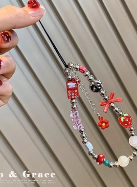 可爱草莓KT猫串珠手机链挂件亚克力珠饰相机挂绳手机挂绳卡通配饰