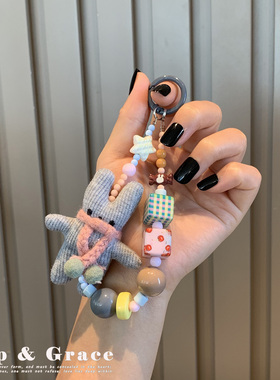 ins风灰色兔子毛线编织手机挂件珠饰包包挂绳钥匙扣可爱萌手机链