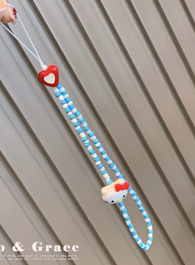 可爱KT头爱心珠子手机挂绳蓝白小珠链挂件手工编织便携相机挂绳女