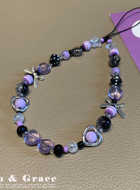 紫色爱心蝴蝶结串珠手机链女高级感小众珠饰挂件书包挂饰配饰挂绳