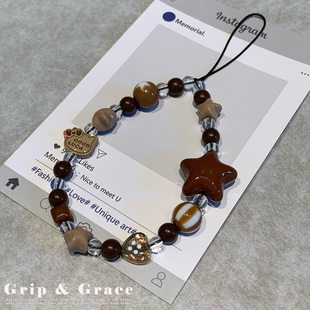 ins风棕色星星kt猫纽扣韩系手机链串珠挂件手机手链ccd挂件相机链