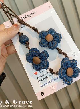 手机挂件防丢链手机挂饰包包挂饰挂链绳毛绒挂件蓝色花朵挂坠挂绳