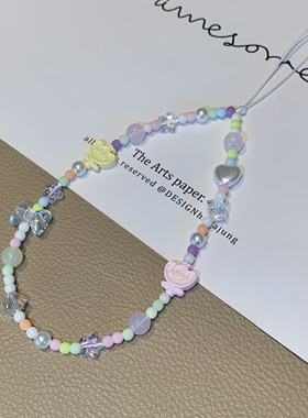 夏日ins珠饰手机挂件可爱蝴蝶结爱心挂绳手腕式手机链彩相机挂件