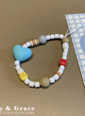 彩色串珠爱心手机挂件手腕式防丢挂饰便携手机链相机挂链挂绳