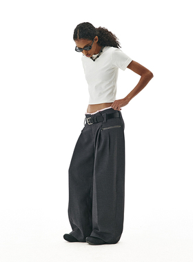 SHALL NOT UNTRUE 拼接收褶阔腿西装裤女垂感宽松显瘦拖地休闲裤