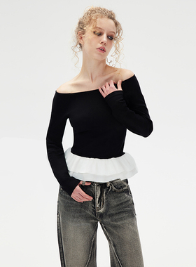 SNU 原创拼接花苞裙摆长袖T恤女春季内搭设计感芭蕾风打底衫上衣