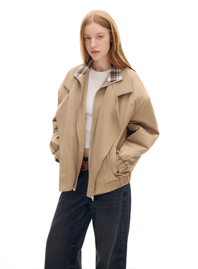 SHALL NOT UNTRUE 巴恩风立领夹克外套女复古格纹拼接高级感上衣