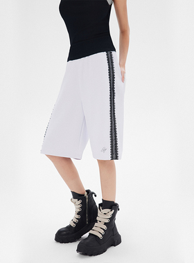 SNU 原创拼接蕾丝边五分短裤女夏季直筒宽松显瘦运动休闲白色中裤