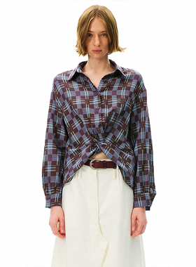 SHALL NOT UNTRUE 复古格子长袖衬衫女设计感扭结休闲显瘦衬衣