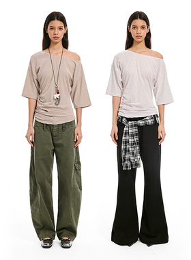 SHALL NOT UNTRUE 莱赛尔天丝条纹斜肩上衣女慵懒收腰显瘦短袖T恤