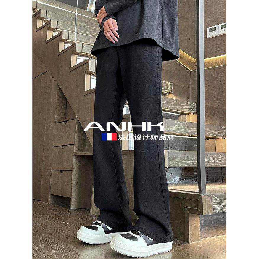 ANHK微喇牛仔裤男春秋款男生vibe宽松直筒喇叭裤美式高街弹力黑色