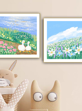 繁华伴鹅行手绘小清新插画免打孔装饰画小众艺术花海卧室挂画海报