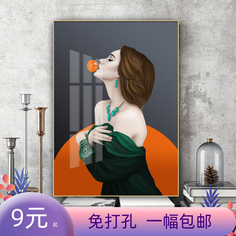 简约后现代北欧轻奢橙色美女吹泡泡玄关轻奢装饰画民宿壁画挂画