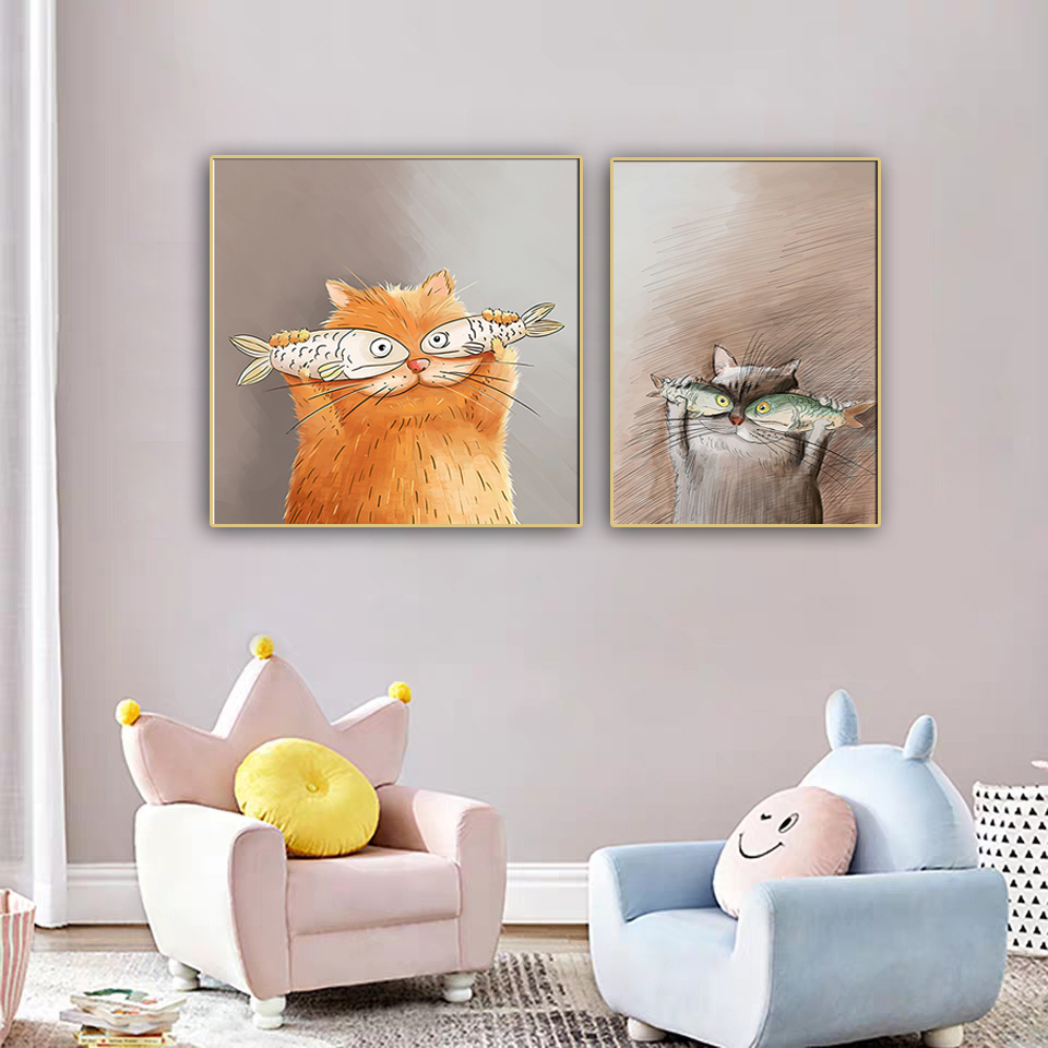北欧现代小清新日系水彩抓鱼猫咪发财猫儿童房装饰画餐厅壁画挂画图片
