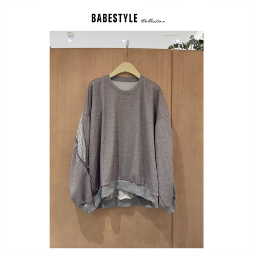 BABESTYLE |“裂痕”韩风复古气质拼接格纹设计重工宽松休闲卫衣