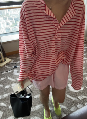BABESTYLE｜首尔韩风慵懒比基尼罩衫撞色宽松条纹防晒长袖薄T恤