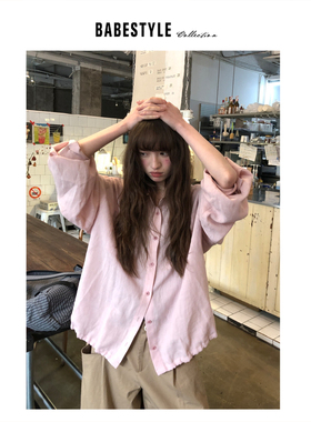BABESTYLE |“东京樱花粉”日式复古文艺气质简约亚麻宽松衬衫