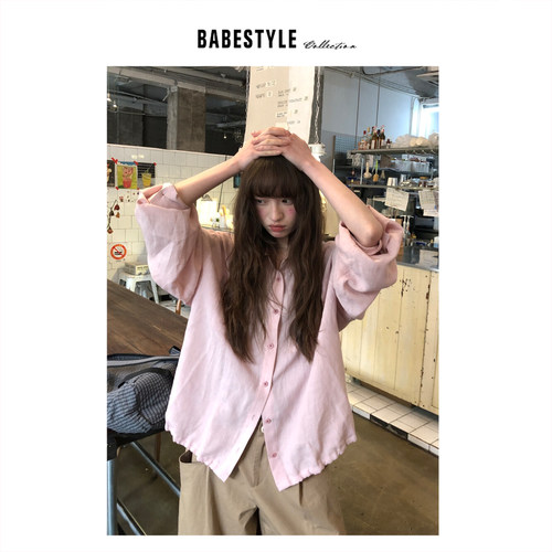 BABESTYLE |“东京樱花粉”日式复古文艺气质简约亚麻宽松衬衫