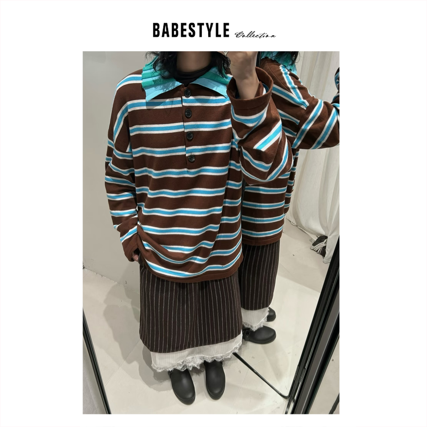 UNTime+条纹+polo领+羊绒针织衫