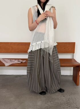 BABESTYLE｜YAN 言己见 日式古着文艺感条纹拼接设计廓形休闲裤