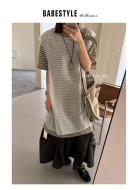 BABESTYLE |“迷雾”首尔清新条纹拼纱设计假两件设计短袖长款T