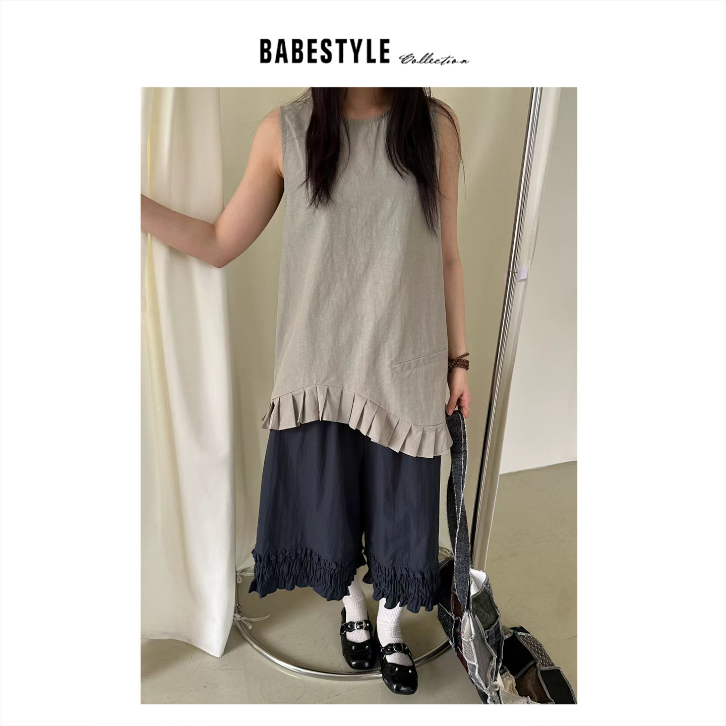 BABESTYLE |“青森女孩” YAN 日式文艺压褶钢琴波浪花边设计背心