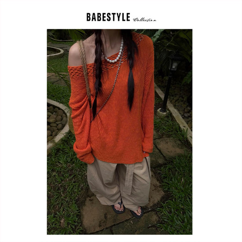 BABESTYLE |“橘子汽水”早春慵懒气质镂空钩花露肩宽松针织衫
