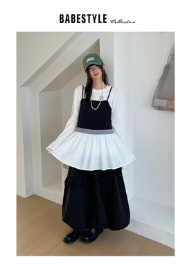 BABESTYLE |“半糖”韩风复古格纹撞色拼接压褶裙摆叠穿拼色吊带