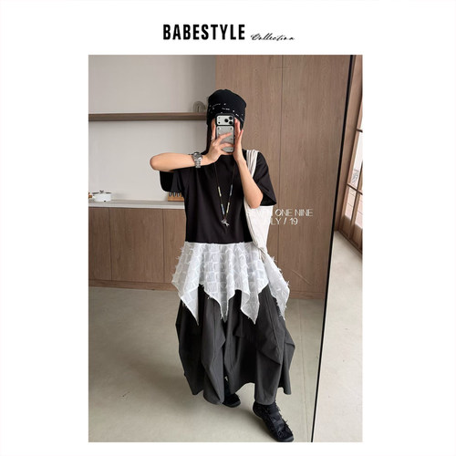 BABESTYLE |“八爪鱼”首尔简约气质不规则鱼尾毛须下摆拼接短袖T