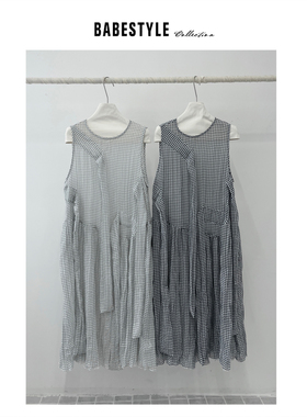 BABESTYLE |“文艺电影” YAN 复古细格纹不规则飘带设计背心裙