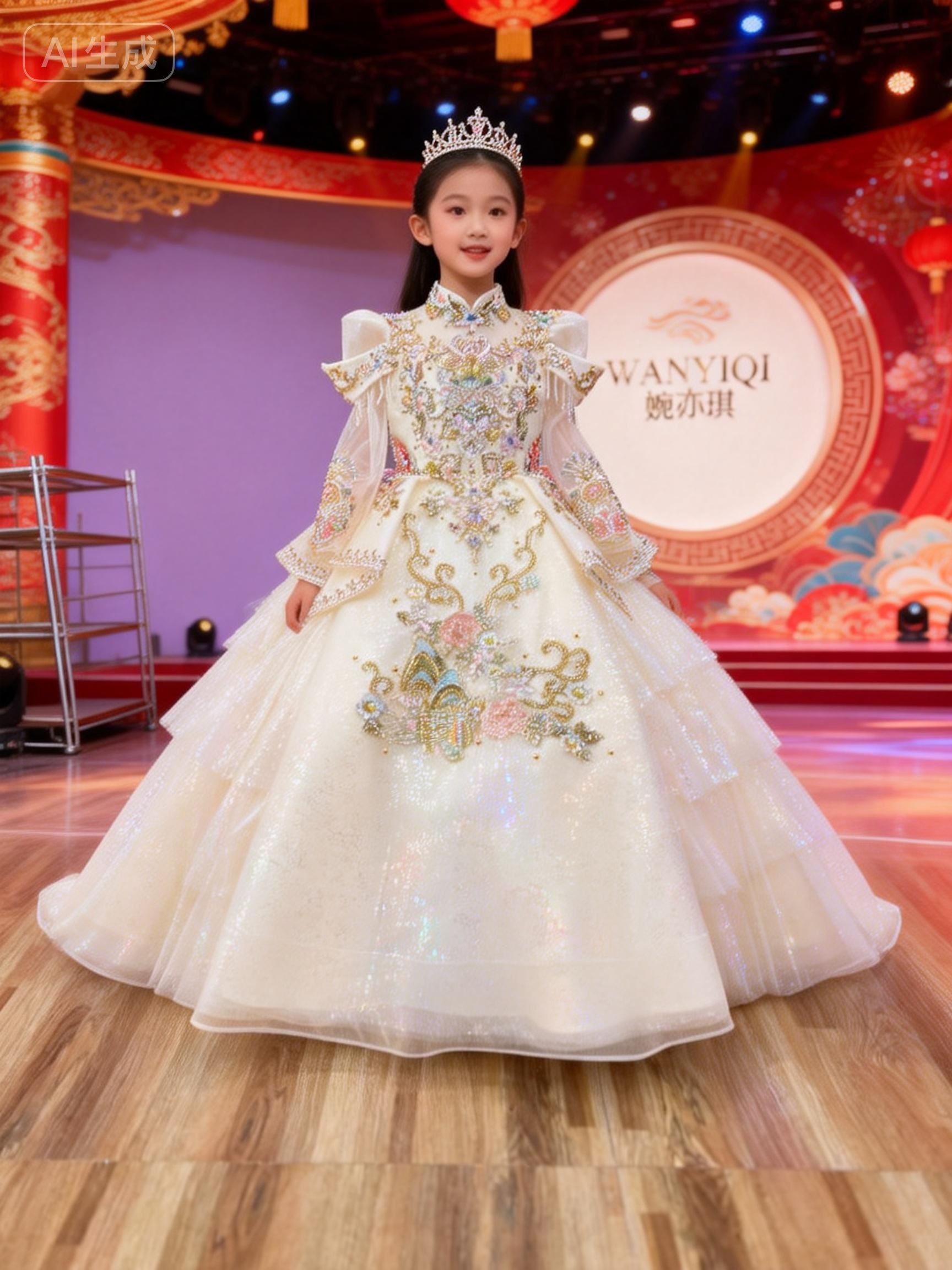 出租150规格浅香槟色国潮走秀礼服中式女童主持演出服古筝演出服