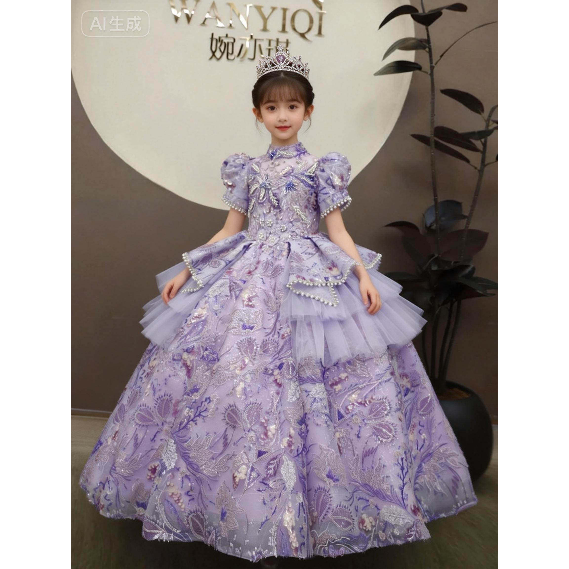 定制婉亦琪高端儿童礼服女童晚礼服生日公主裙高定主持人演出服