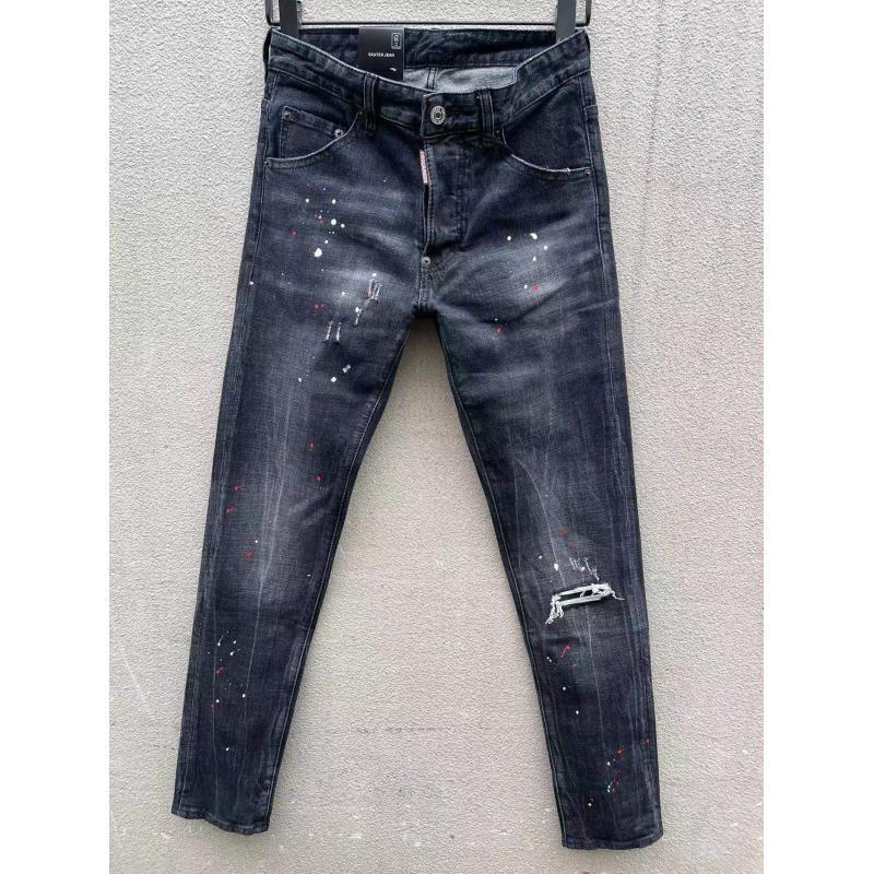 四季款D2潮男055水洗洞补丁纽扣小脚黑色牛仔裤男士欧美DSQ裤修身