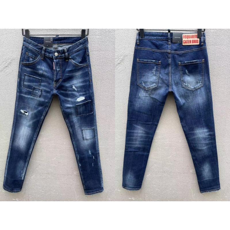 d2牛仔裤男款059修身显瘦D二次方潮流牛仔裤男士蓝色破洞补丁小脚