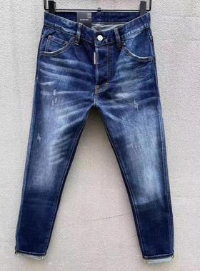 C053春夏四季款潮男牛仔裤子水洗蓝色简约修身弹力刮破补丁小脚D2