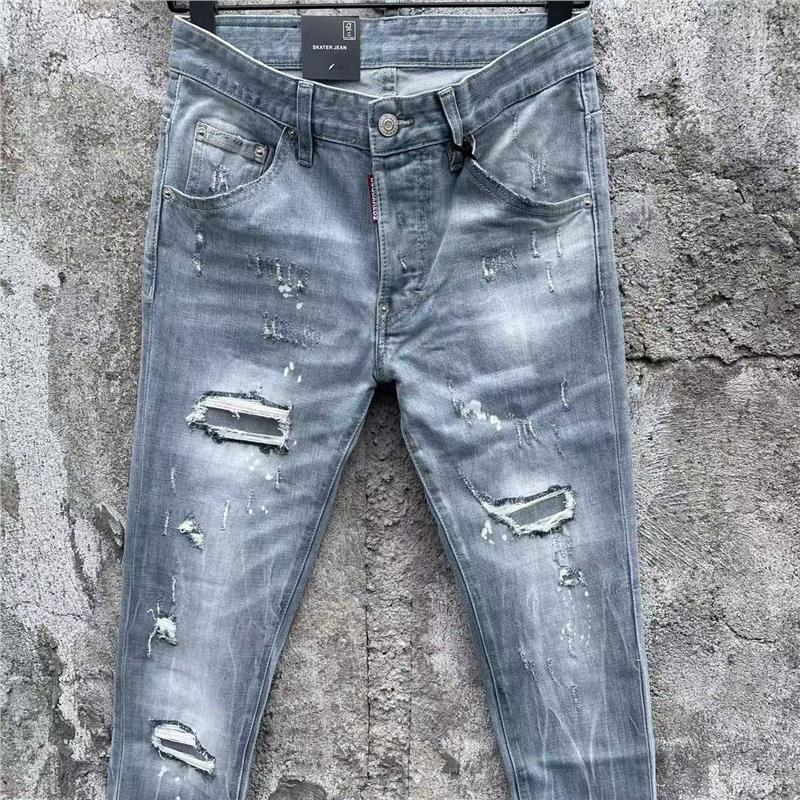 2025秋季新款D2牛仔裤男士122灰色破洞修身裤四季休闲水洗小脚裤