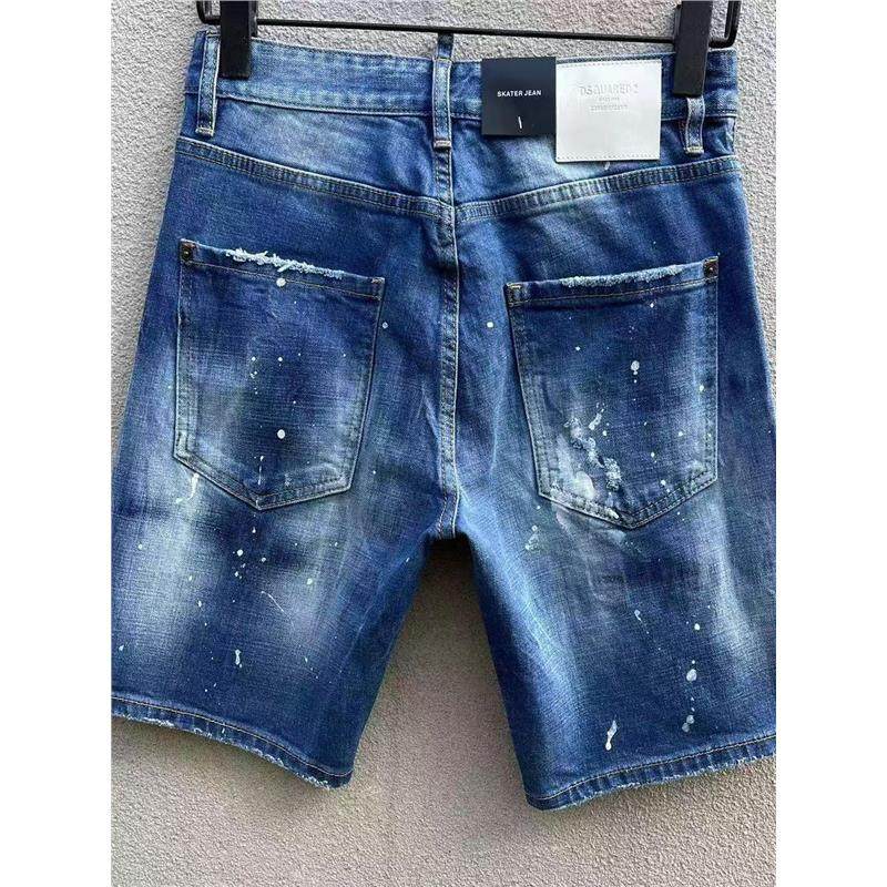 2025春夏新款D2潮男水洗磨破洞补丁修身破洞蓝色百搭牛仔五分裤男