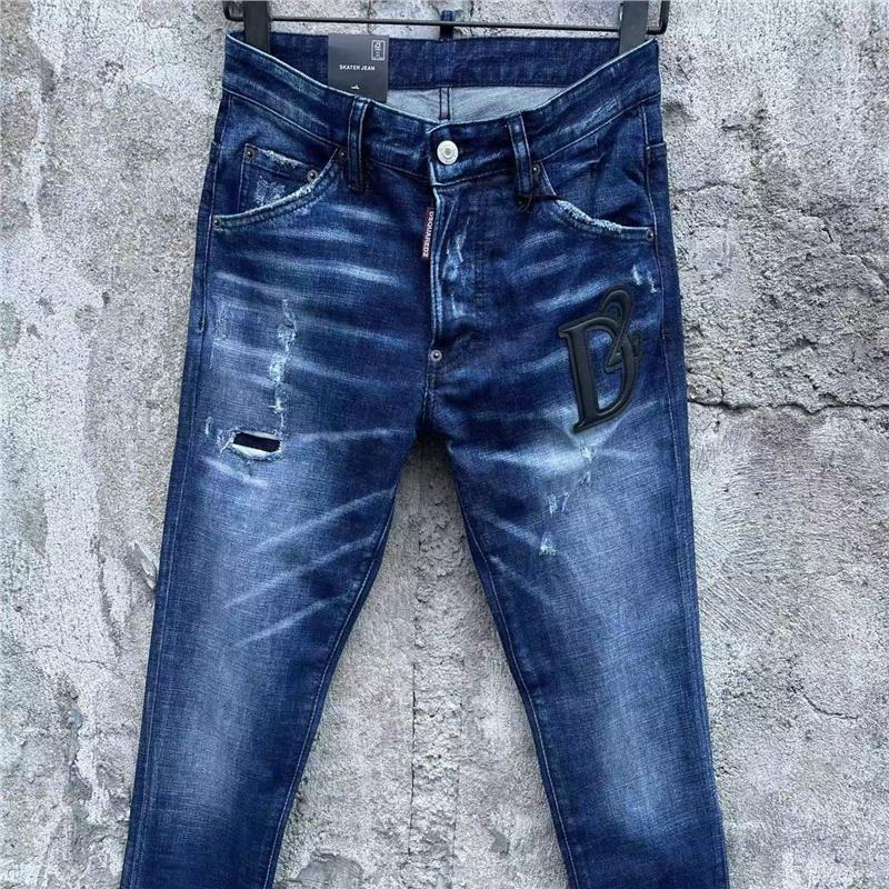 2025秋季男士D2牛仔裤123破洞补丁抓痕小脚蓝色休闲字母时尚潮流