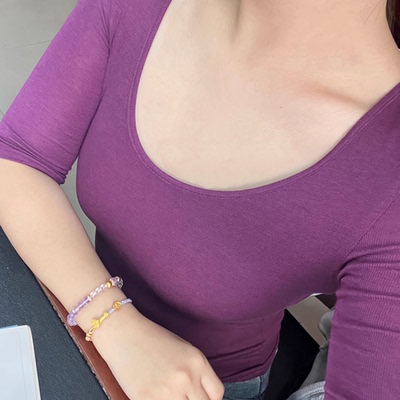 Xzichic 纯欲百搭大U领半袖T恤女夏季新款天丝羊毛舒适中袖上衣女