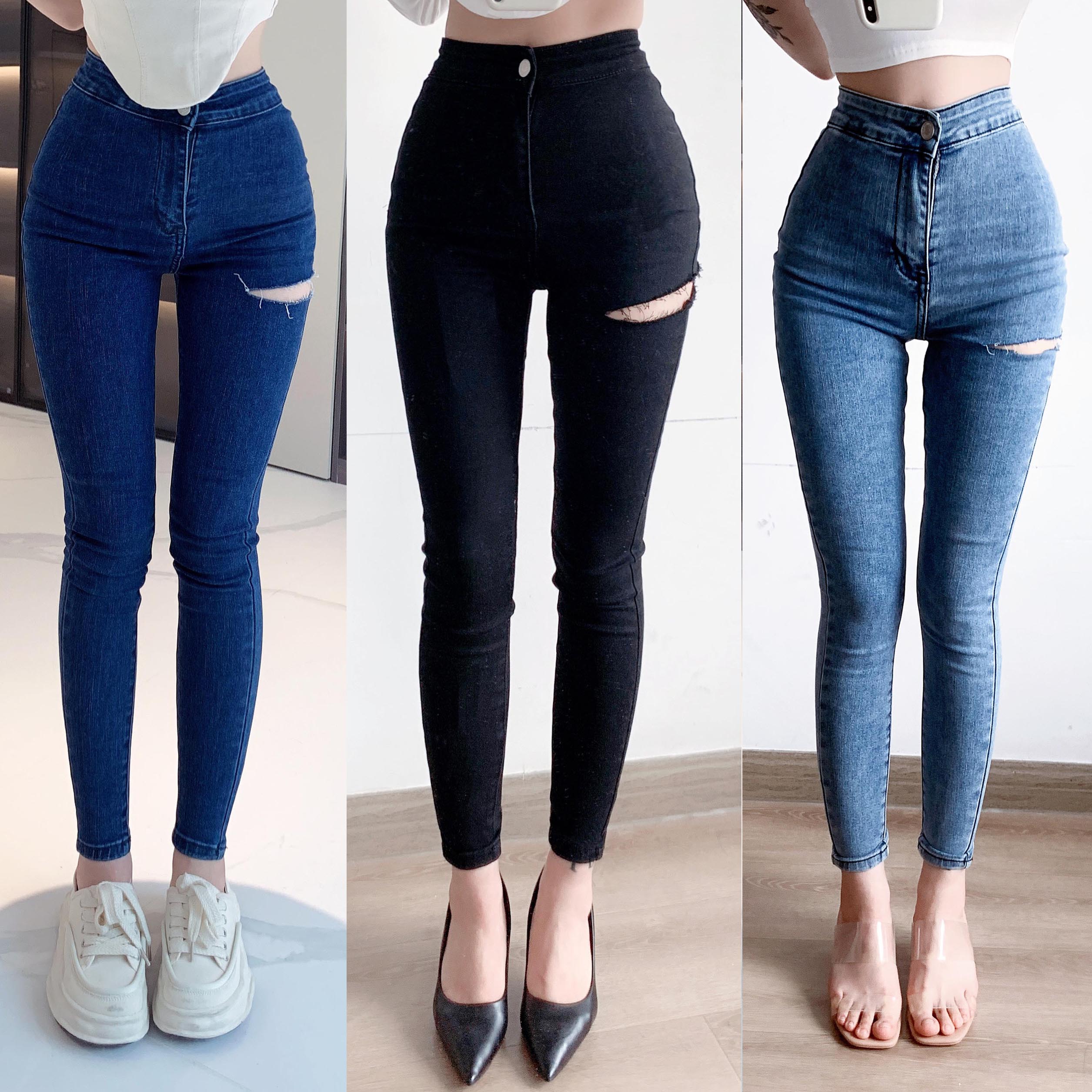 女神款侧边割破洞紧身翘臀小脚裤高腰显瘦显高弹力九分裤牛仔裤