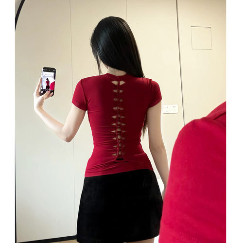 纯欲风性感镂空露背短袖t恤女夏季新款修身显瘦辣妹短款打底上衣